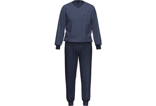 AMMANN Schlafanzug lang, V-Ausschnitt, Brusttasche, blau